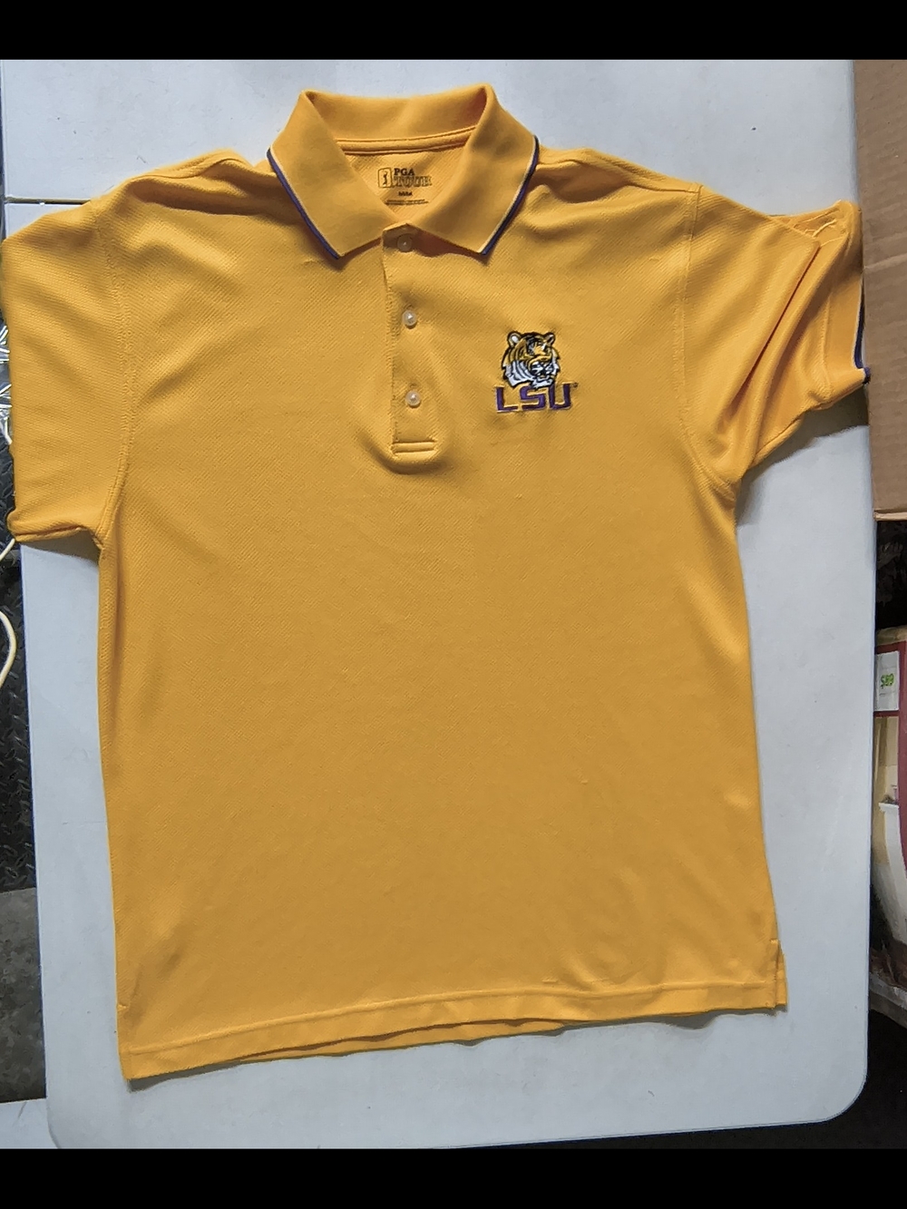 PGA Tour LSU Yellow Polo Shirt with Purple Trim